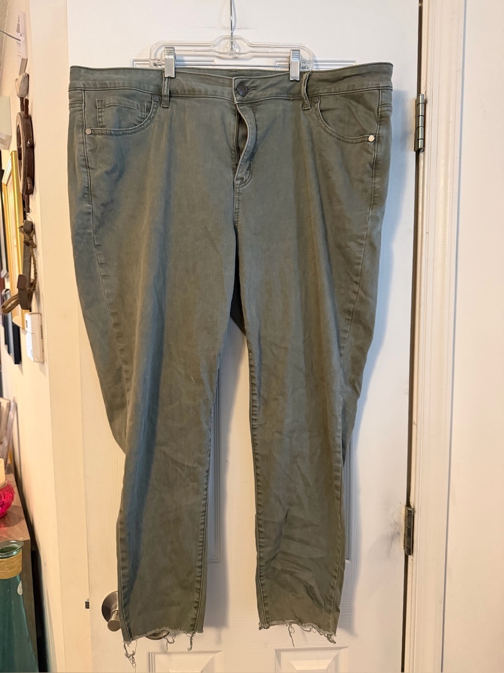 Lane Bryant Olive Green Cropped Jeans with Frayed Hem